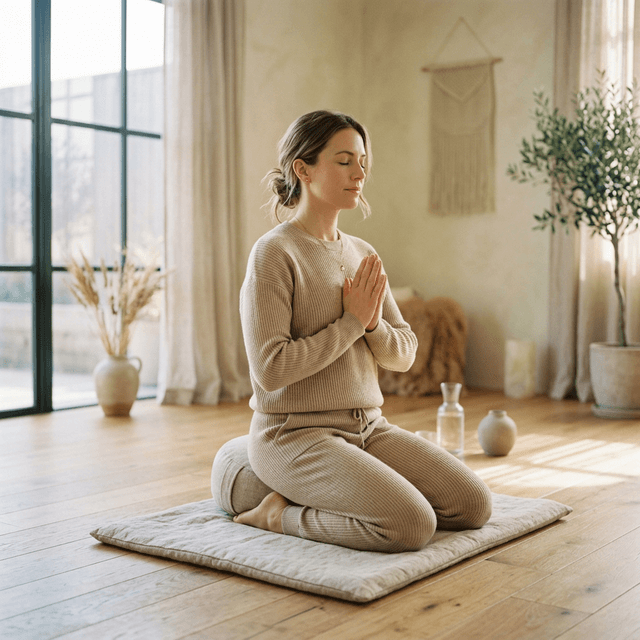 Woman in peaceful kneeling meditation pose